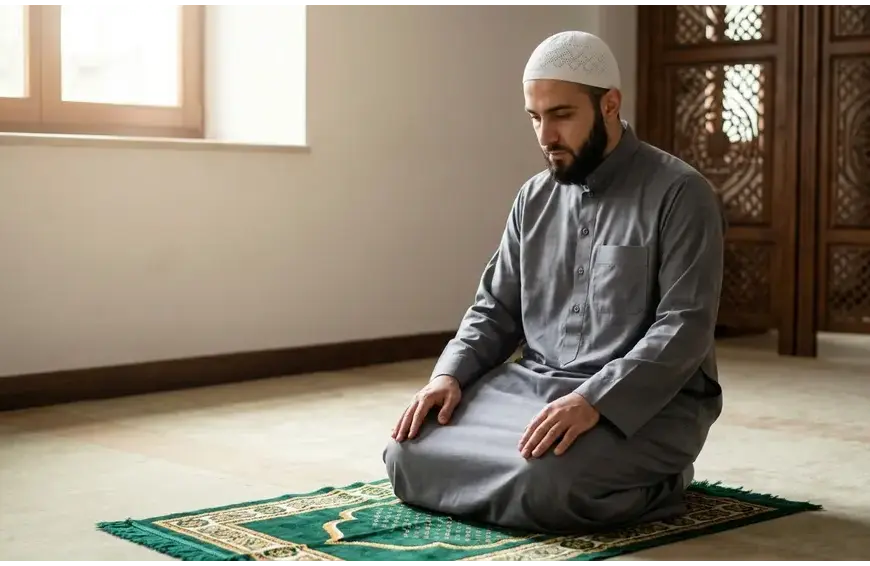 Home 25 A Muslim man or woman in modest attire (hijab and covering the aurat) sitting in a quiet, sunlit corner of a mosque or prayer room. They are in a state of deep reflection or holding their hands in a quiet dua.