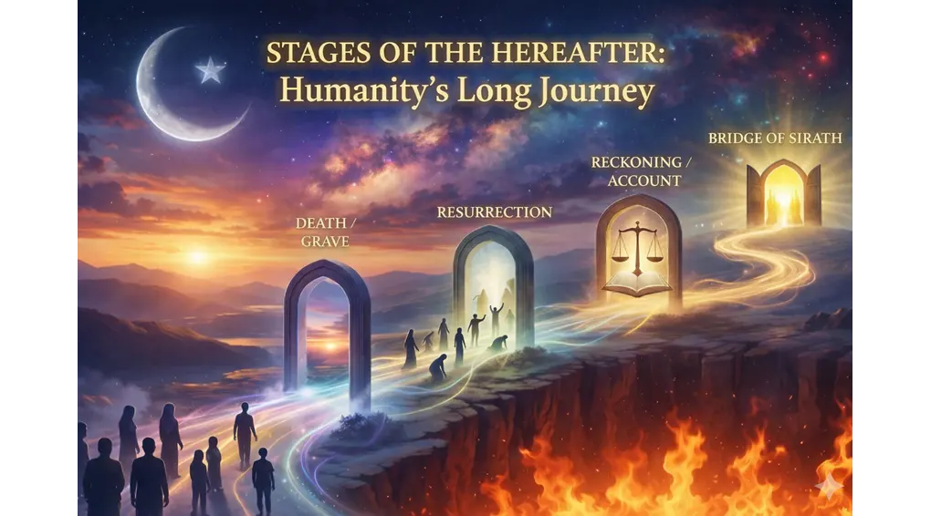 The Reality of Belief in the Last Day: Meaning, Stages, and Wisdom 2 Infographic illustrating the stages of the Hereafter including death, resurrection, reckoning, and the bridge of Sirath.