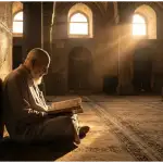 A Muslim man is reverently reading the Quran while observing i'tikaf in the mosque at dawn.