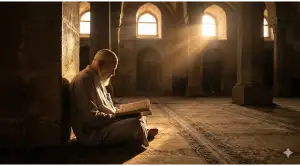 A Muslim man is reverently reading the Quran while observing i'tikaf in the mosque at dawn.