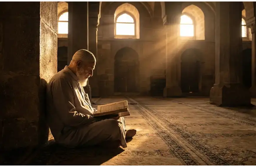 Home 1 Pria Muslim sedang khusyuk membaca Al-Qur'an saat melaksanakan ibadah i'tikaf di masjid pada waktu subuh.