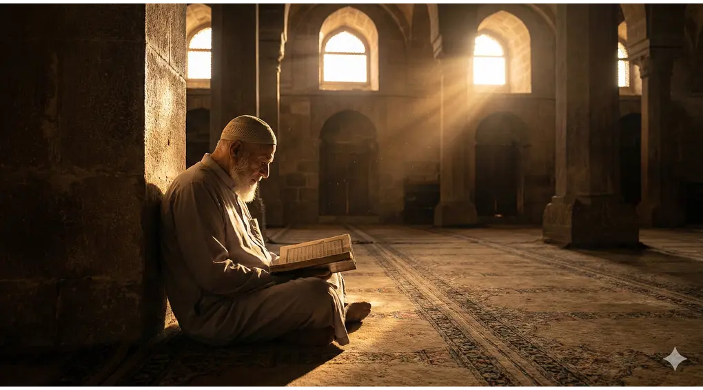 A Muslim man is reverently reading the Quran while observing i'tikaf in the mosque at dawn.