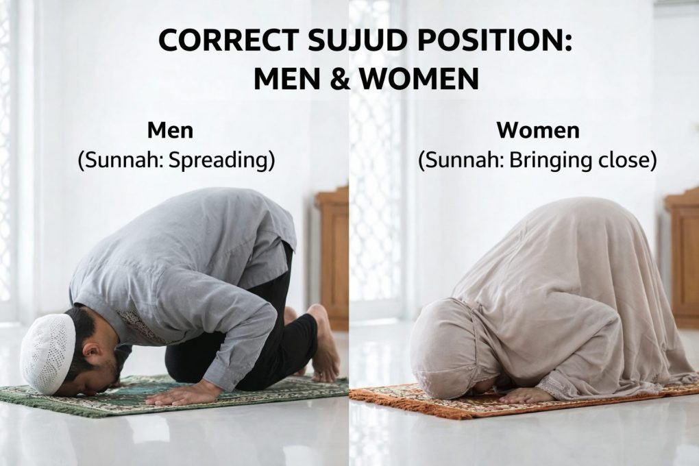 The Complete Guide to Proper Sujud: Posture and Supplications in Prayer 3 Comparison of sujud positions for men and women in prayer according to Islamic etiquette and jurisprudence.
