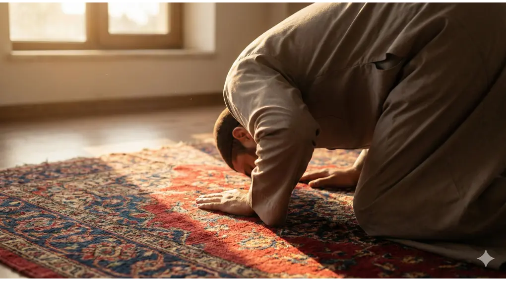 Close-up of a Muslim performing Sujud (prostration) with perfect stillness on a beautiful prayer rug.