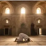 Seorang muslim bersujud dalam shalat sunnah di masjid yang megah dengan cahaya fajar, melambangkan esensi ibadah tathawwu'.