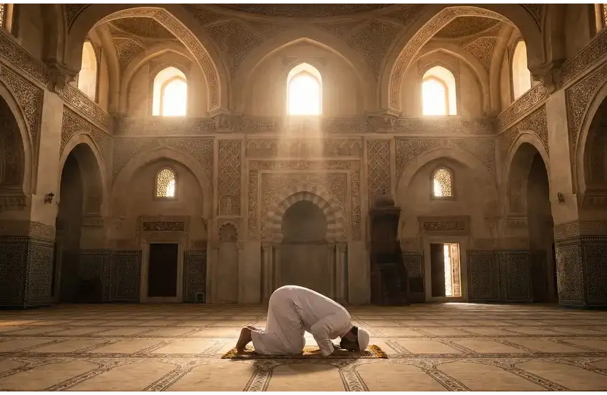 Home 1 Seorang muslim bersujud dalam shalat sunnah di masjid yang megah dengan cahaya fajar, melambangkan esensi ibadah tathawwu'.