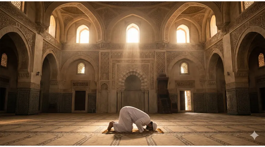 Seorang muslim bersujud dalam shalat sunnah di masjid yang megah dengan cahaya fajar, melambangkan esensi ibadah tathawwu'.