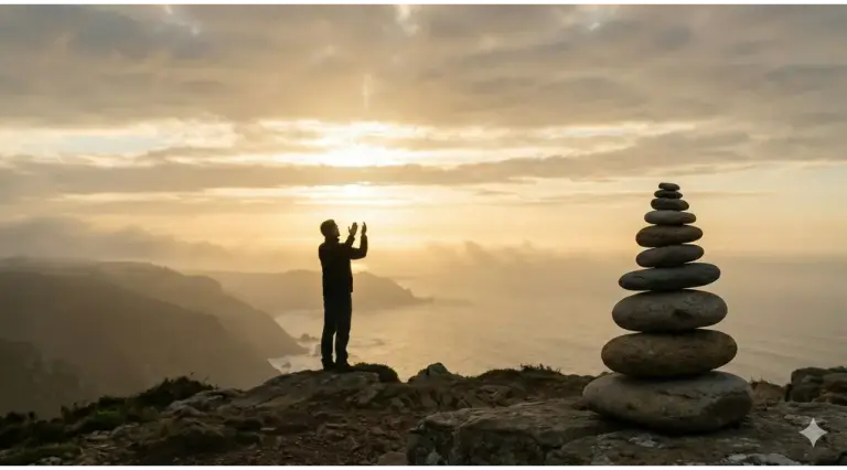 Shafi'i School of Jurisprudence: The Complete Guide to Islamic Law, Prayers, and Tasawuf 1 Silhouette of a person praying with hands raised toward a golden sunrise on a coastal hill, next to a balanced stone cairn symbolizing a strong spiritual foundation.