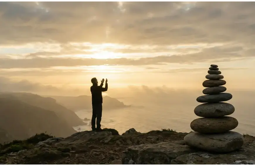 Silhouette of a person praying with hands raised toward a golden sunrise on a coastal hill, next to a balanced stone cairn symbolizing a strong spiritual foundation.