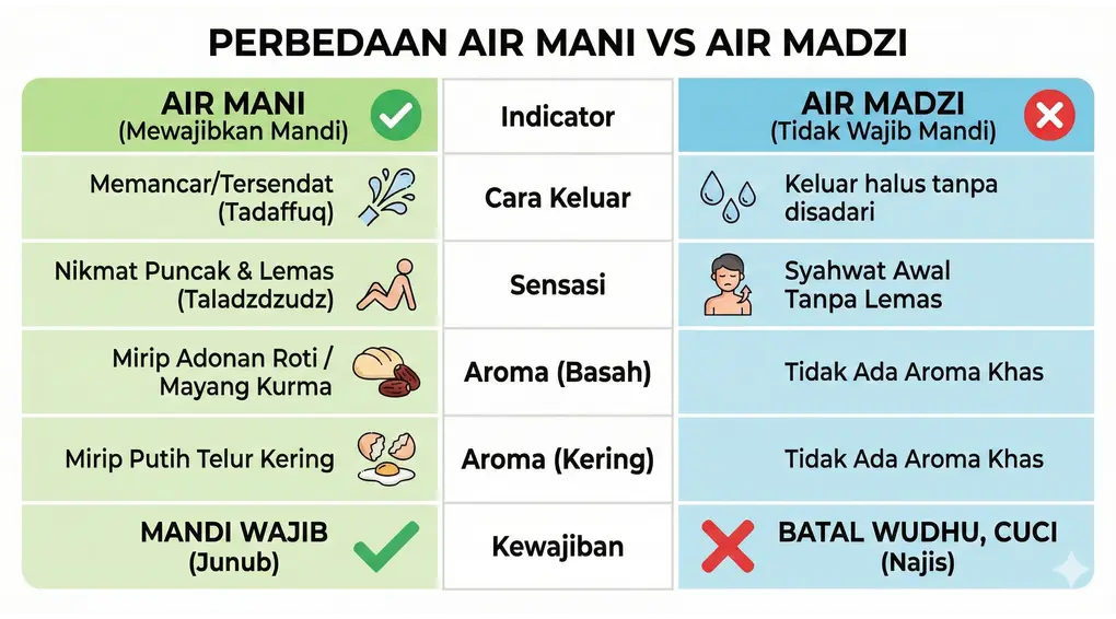 Panduan Lengkap Mandi Wajib (Junub): Niat, Tata Cara, dan Penyebabnya Menurut Madzhab Syafi'i 5 Tabel infografis yang membandingkan karakteristik Air Mani (mewajibkan mandi) dan Air Madzi (tidak wajib mandi) berdasarkan cara keluar, sensasi, dan aroma basah/kering.