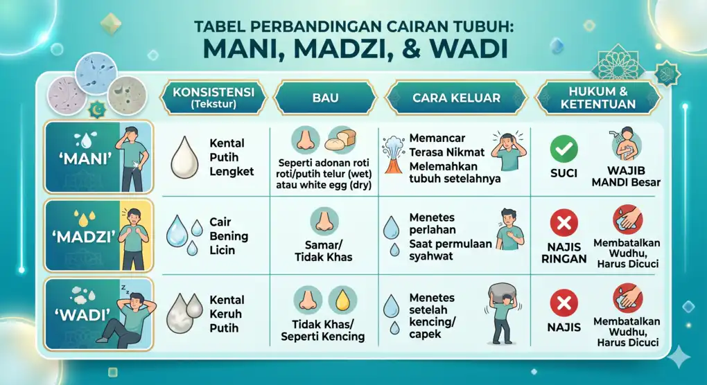 Tabel infografis perbandingan ciri-ciri mani, madzi, dan wadi yang meliputi konsistensi, bau, cara keluar, serta status hukumnya.