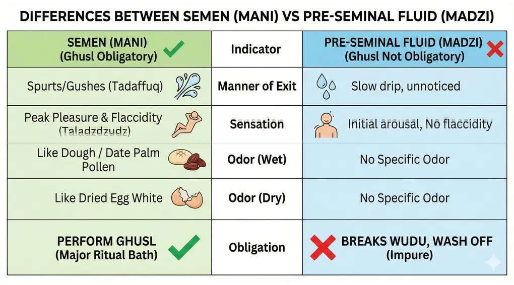 Complete Guide to Ghusl Janabah: Intention, Method, and Causes in Shafi'i Fiqh 5 English comparison table infographic detailing differences between Semen (Mani - Ghusl obligatory) and Pre-seminal fluid (Madzi - Ghusl not obligatory) based on manner of exit, sensation, and odor.
