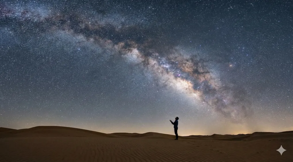 A person standing in a desert at night looking up in awe at the bright Milky Way galaxy, illustrating tafakur alam or reflecting on the signs of Allah in the universe.
