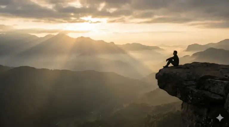 Shafi'i School of Jurisprudence: The Complete Guide to Islamic Law, Prayers, and Tasawuf 1 A silhouette of a man sitting on a cliff edge at sunrise, overlooking vast misty mountains, representing deep spiritual reflection or tafakur in Islam.