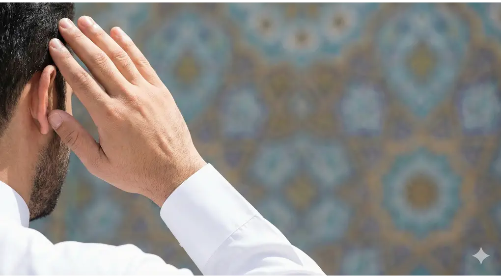Hands raised for the Takbiratul Ihram, the mandatory opening pillar that officially commences the Islamic prayer.
