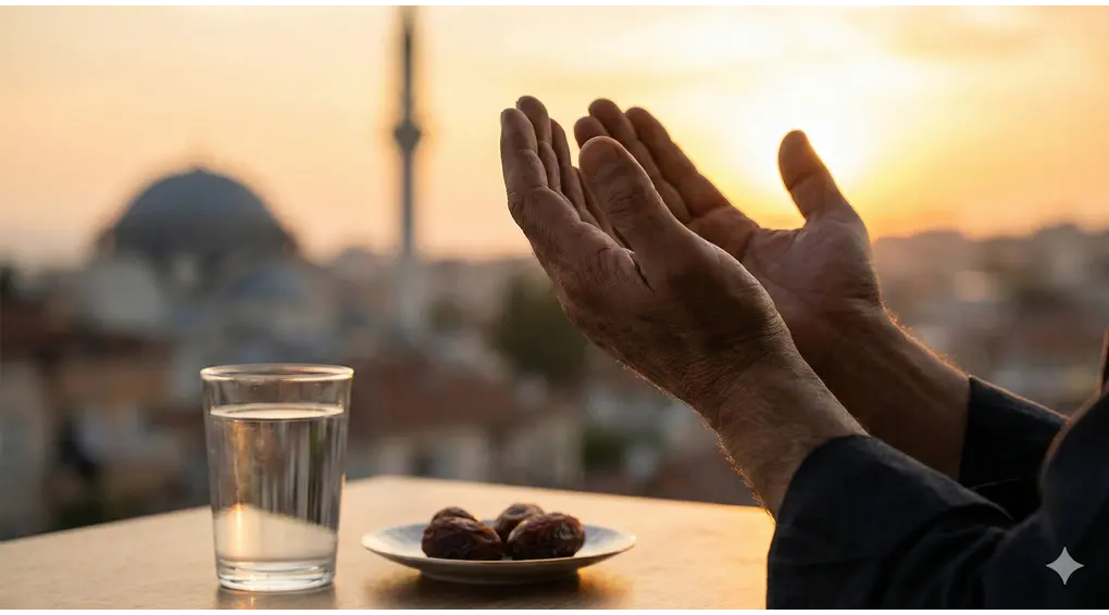 close-up tangan seseorang yang sedang menengadah berdoa dengan khusyuk saat matahari terbenam (sunset), dengan latar belakang hidangan buka puasa sederhana berupa air dan kurma.