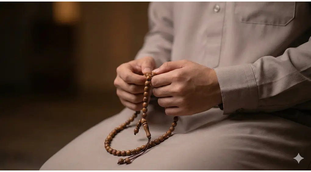 Khutbah Nabi Jelang Ramadhan: Hadits Salman Al-Farisi & Keutamaan Puasa 3 Foto close-up tangan seseorang yang sedang memegang dan menghitung tasbih kayu saat berzikir.