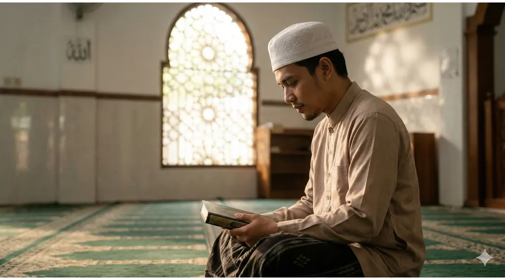 Emission of Semen Without Touch While Fasting: An Analysis of Asna al-Matalib 3 Muslim man sitting downcast while holding a Quran in his lap inside a quiet, softly lit mosque.