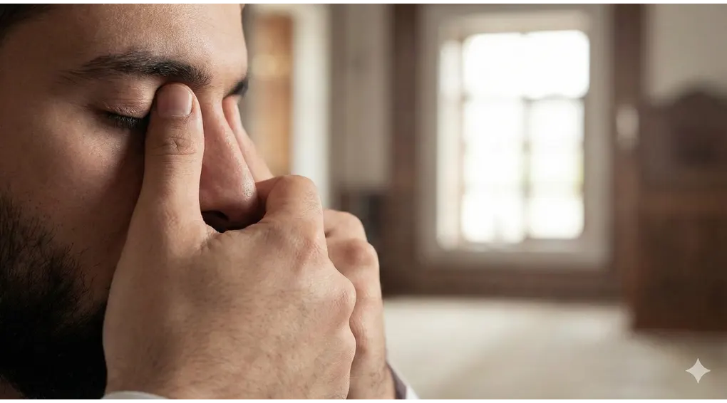 Seorang muslim sedang mengusapkan kedua jempol ke mata setelah menciumnya saat mendengar syahadat rasul dalam adzan.