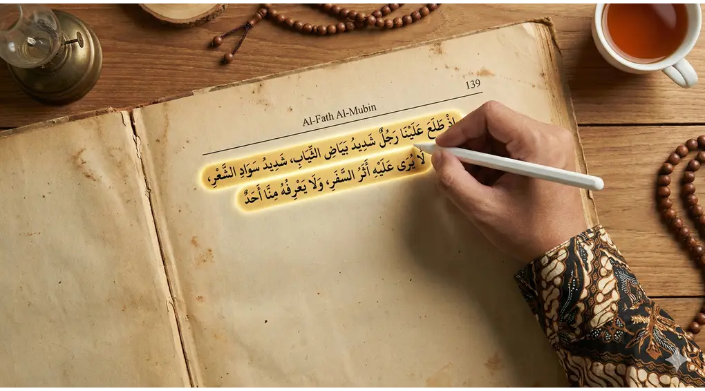 Teks Arab kitab Al-Fath Al-Mubin halaman 139 tentang ciri fisik Malaikat Jibril dalam wujud manusia.