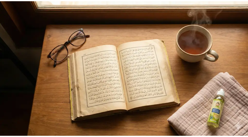 Kitab kuning Fathul Mu'in terbuka dengan kacamata dan perlengkapan bayi di sampingnya, ilustrasi kajian fiqih menyusui.