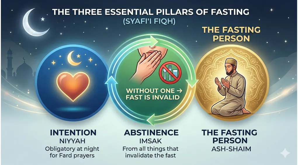 How Many Pillars of Fasting Are There? A Complete Guide According to Safinatun Naja (Shafi'i Fiqh) 2 An infographics panel based on image_8.png, featuring three columns. Column 1 (Blue) for INTENTION (Niyyah) with a heart and night sky. Column 2 (Green) for ABSTINENCE (Imsak) with a hand and a prohibited food/drink icon. Column 3 (Gold) for THE FASTING PERSON (Ash-Shaim) with a praying figure. Includes a title banner "THE THREE ESSENTIAL PILLARS OF FASTING (SYAFI'I FIQH)". Features a central multi-arrow circular flow labeled "WITHOUT ONE → FAST IS INVALID".