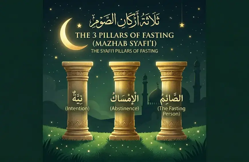Home 37 An illustrated scene under a starry night sky with a mosque silhouette. Three golden classical pillars stand in a green field. Arabic text at the top says "ثَلاَثَةُ أَرْكَانِ الصَّوْمِ" with English translation: "THE 3 PILLARS OF FASTING (MAZHAB SYAFI'I)". Each pillar is labeled with Arabic text and an Indonesian translation in parentheses: (Niat), (Menahan Diri), (Orang yang Berpuasa). Smaller text says "Rukun Puasa Syafi'i".