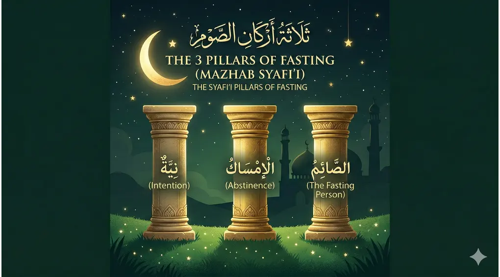 An illustrated scene under a starry night sky with a mosque silhouette. Three golden classical pillars stand in a green field. Arabic text at the top says "ثَلاَثَةُ أَرْكَانِ الصَّوْمِ" with English translation: "THE 3 PILLARS OF FASTING (MAZHAB SYAFI'I)". Each pillar is labeled with Arabic text and an Indonesian translation in parentheses: (Niat), (Menahan Diri), (Orang yang Berpuasa). Smaller text says "Rukun Puasa Syafi'i".