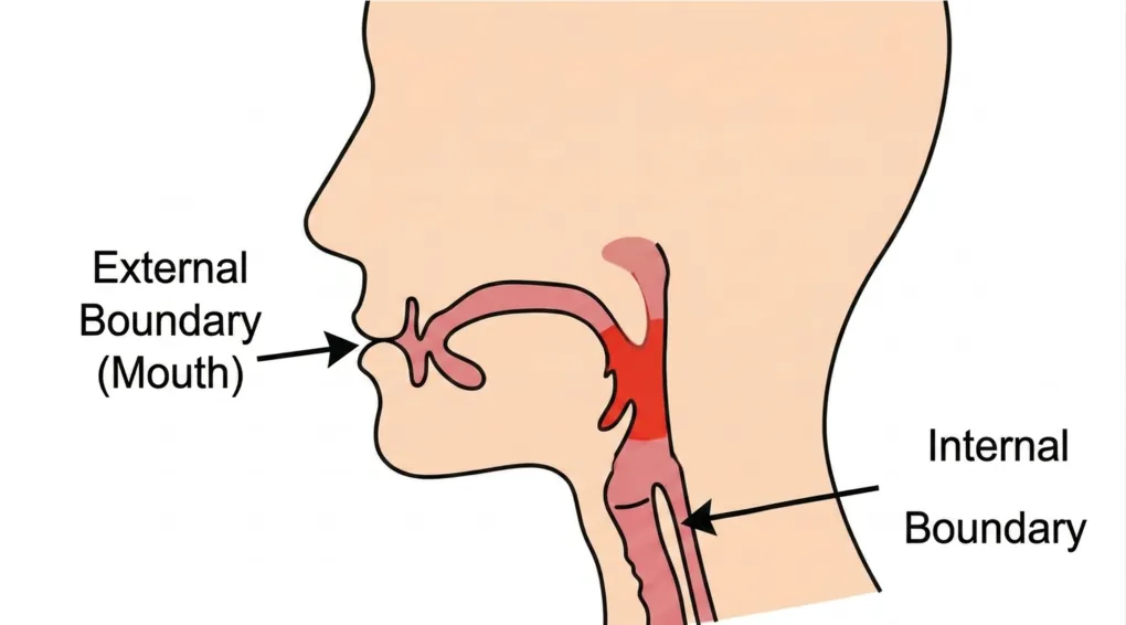 Islamic Rulings on Swallowing Saliva While Fasting: A Shafi'i Perspective 3 Medical anatomy diagram of a human head and neck profile. Labels point to the mouth opening as the 'External Boundary (Mouth)' and to the epiglottis/glottic area in the throat as the 'Internal Boundary'. The diagram illustrates the structures of the upper digestive and respiratory tracts.