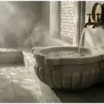 Clear water flowing from brass taps into a large marble basin inside a steamy traditional Islamic hammam, illuminated by natural sunlight through geometric window screens.