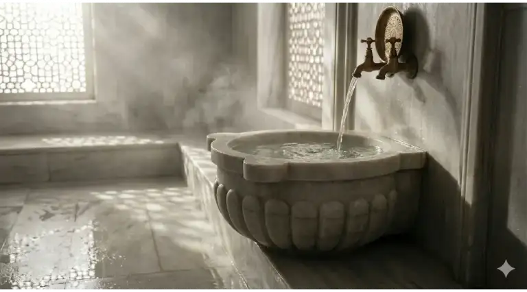 Home 1 Clear water flowing from brass taps into a large marble basin inside a steamy traditional Islamic hammam, illuminated by natural sunlight through geometric window screens.