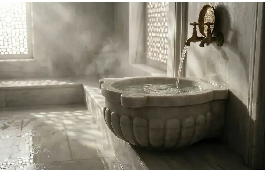 Home 13 Clear water flowing from brass taps into a large marble basin inside a steamy traditional Islamic hammam, illuminated by natural sunlight through geometric window screens.