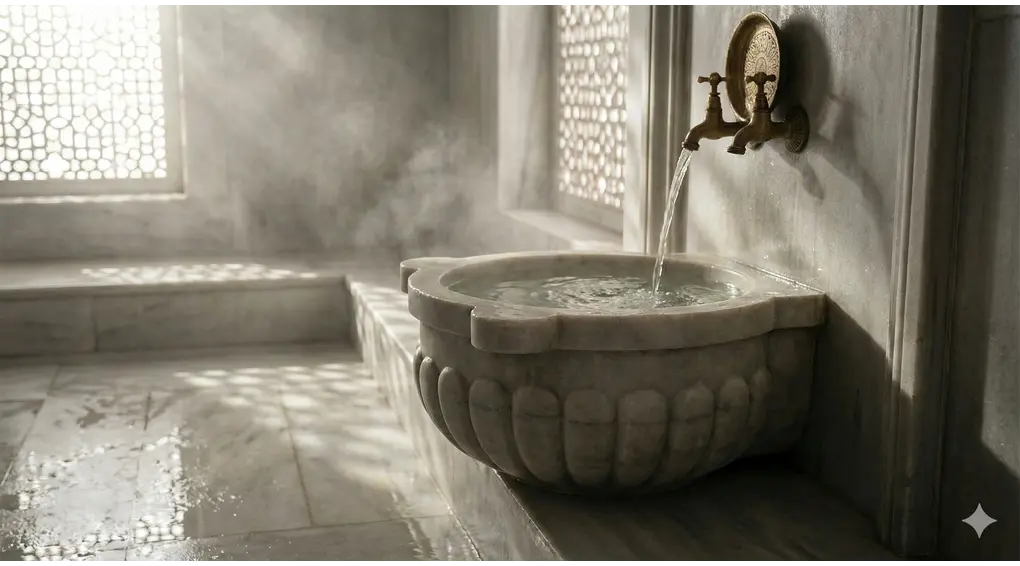 Clear water flowing from brass taps into a large marble basin inside a steamy traditional Islamic hammam, illuminated by natural sunlight through geometric window screens.