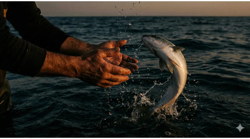 The Believer and Disbeliever Fishing Story: Understanding Worldly Tests and Istidraj 2 Wet hands of a fisherman losing a large catch as the fish jumps back into the sea, symbolizing the worldly trial of patience.