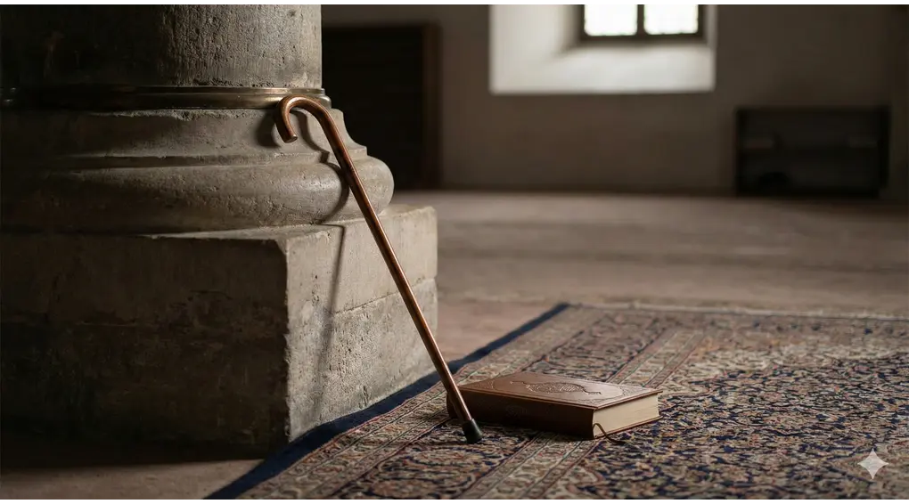 Sebuah tongkat kayu penyangga jalan disandarkan pada pilar masjid di sebelah Al-Qur'an, mewakili udzur medis yang membolehkan mu'takif pulang