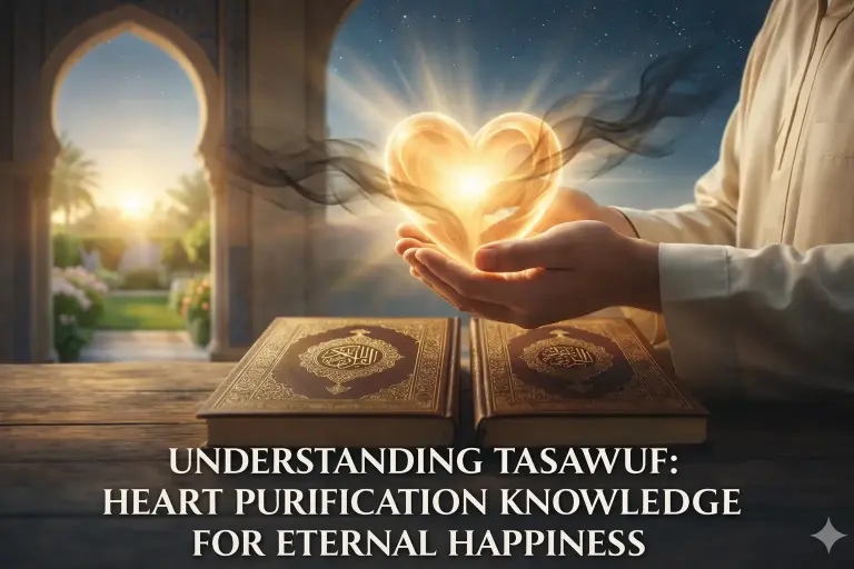 Illustration symbolizing the concept of tasawuf in Islam with a glowing heart representing spiritual purification.