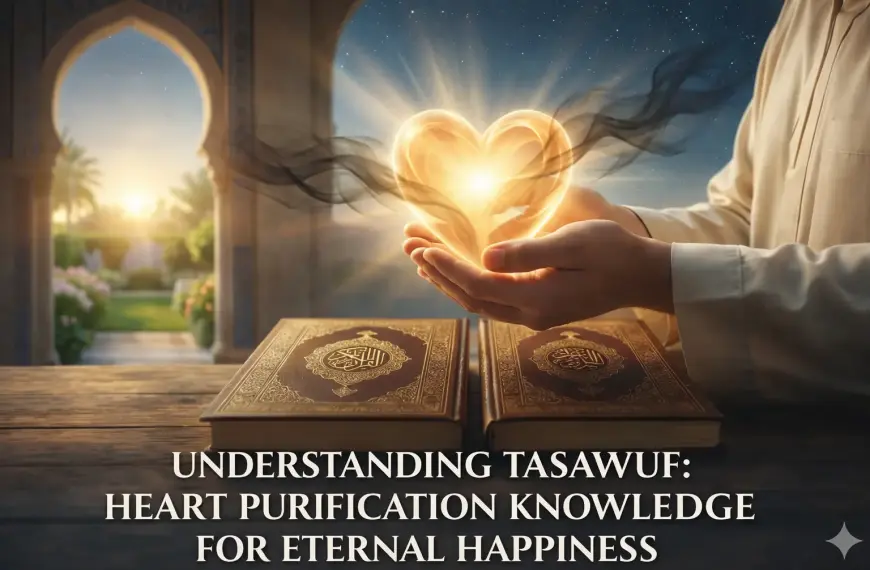 Illustration symbolizing the concept of tasawuf in Islam with a glowing heart representing spiritual purification.