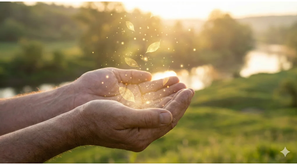 The Dua of Prophet Adam and Its Meaning: Arabic, Transliteration, & The Key to Sustenance 4 Cupped hands receiving glowing golden light and leaves, symbolizing the unexpected wealth and sustenance granted by Allah through sincere dua.