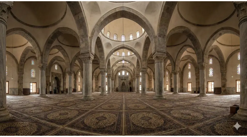 The Valid Conditions and 4 Pillars of I'tikaf in Shafi'i Fiqh 3 The vast and peaceful interior of a historical Jami' mosque, illustrating the legally required place for a valid I'tikaf.