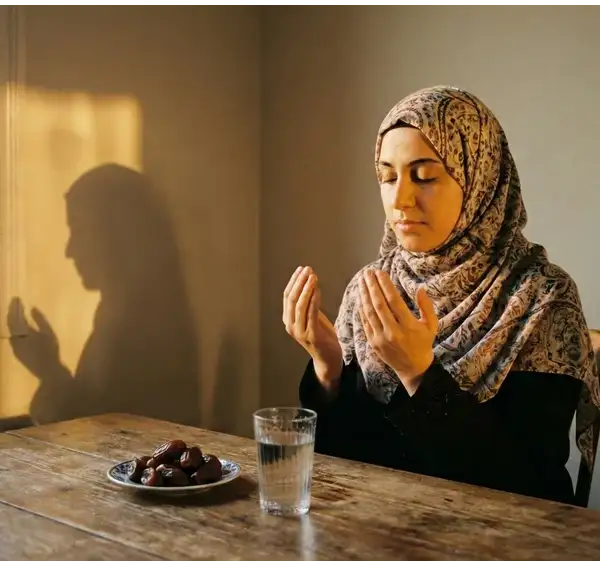 Home 3 A Muslim praying fervently in front of dates and water at sunset, awaiting the time to break the fast.