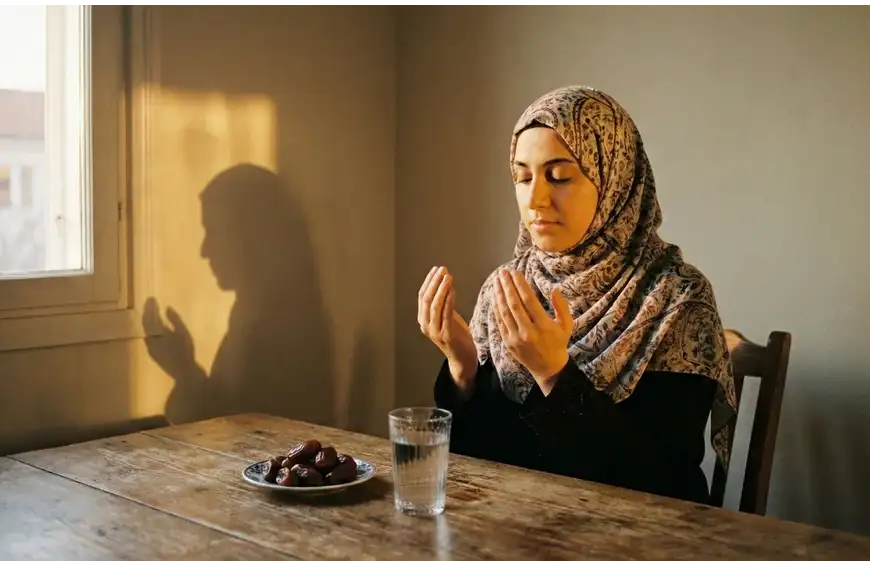 Home 25 A Muslim praying fervently in front of dates and water at sunset, awaiting the time to break the fast.