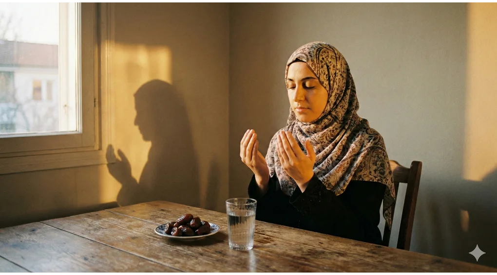 Doa Buka Puasa Shahih Sesuai Sunnah & Koreksi Lafalnya (Kitab Al-Adzkar) 1 Seorang Muslim berdoa dengan khusyuk di depan kurma dan air putih saat matahari terbenam, menanti waktu berbuka puasa.