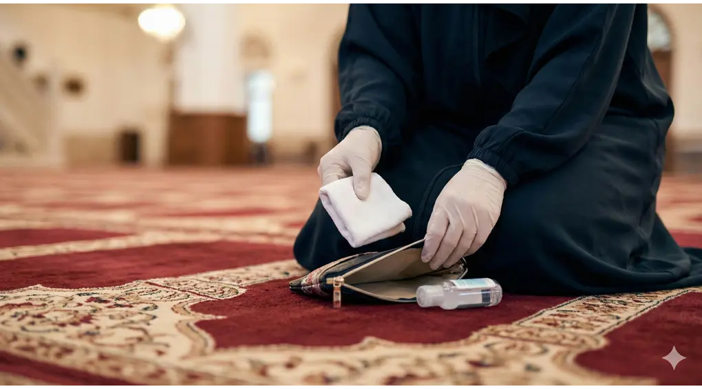 Syarat dan Hukum I'tikaf Wanita Menurut Fiqih Syafi'i (Panduan Lengkap) 4 Foto close-up tangan seorang wanita di masjid sedang memasukkan kain bersih ke dalam tas kecil dengan hati-hati, menggambarkan tindakan menjaga kebersihan bagi wanita istihadhah saat i'tikaf.