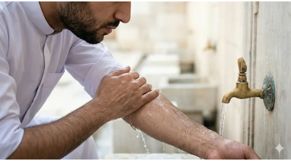 Farḍ al-Wuḍūʾ: The 6 Essential Pillars for Valid Worship We Must Understand 4 A Muslim man washing his right arm under a water tap, ensuring the water flows past the elbow joint required for valid wudu.