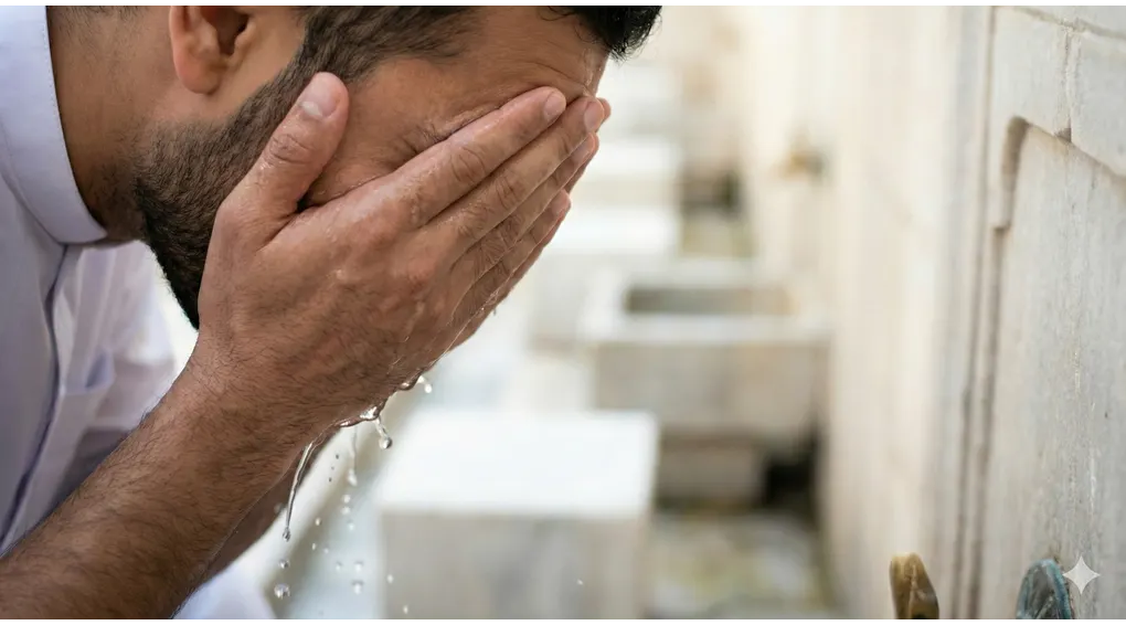 Farḍ al-Wuḍūʾ: The 6 Essential Pillars for Valid Worship We Must Understand 3 A man thoroughly washing his entire face with both wet hands as the second pillar of wudu.