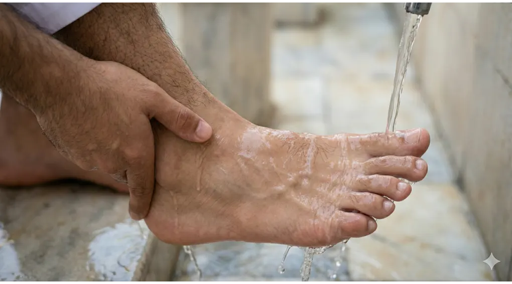 Farḍ al-Wuḍūʾ: The 6 Essential Pillars for Valid Worship We Must Understand 6 A right foot being washed under running water, with a hand ensuring water covers the ankle bone area and between the toes.