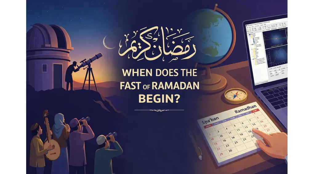 The Fiqh of Ramadan Fasting: History, Evidence, and Determining the New Moon 2 Illustration explaining how the beginning of Ramadan fasting is determined through crescent moon sighting (rukyah hilal) and astronomical calculation.