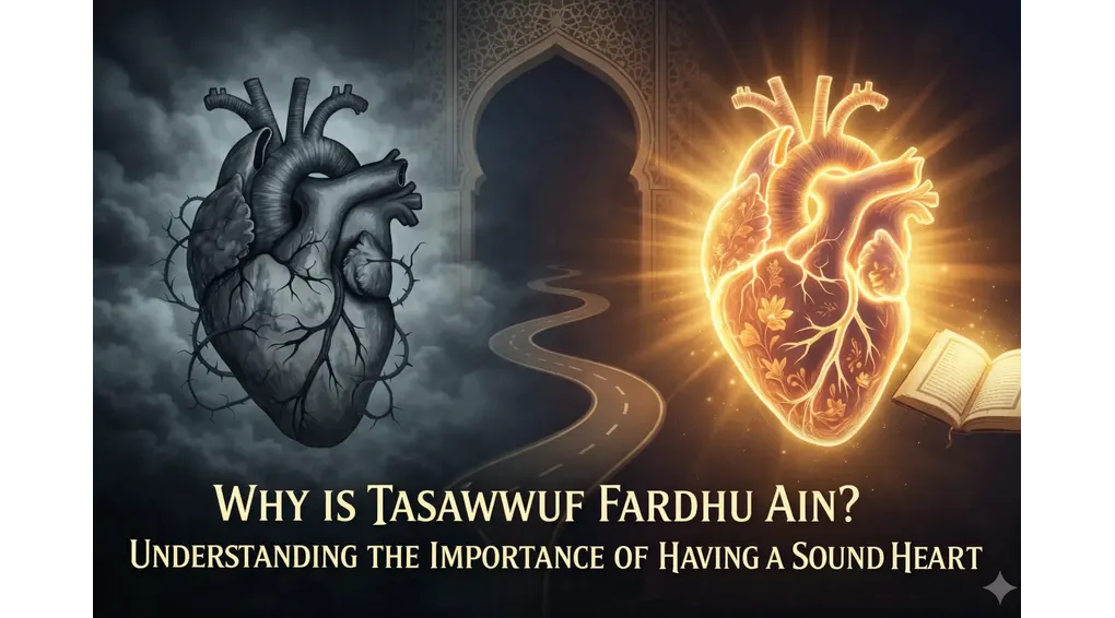 Illustration comparing a dark diseased heart and a radiant purified heart to explain the importance of tasawwuf and spiritual purification in Islam.