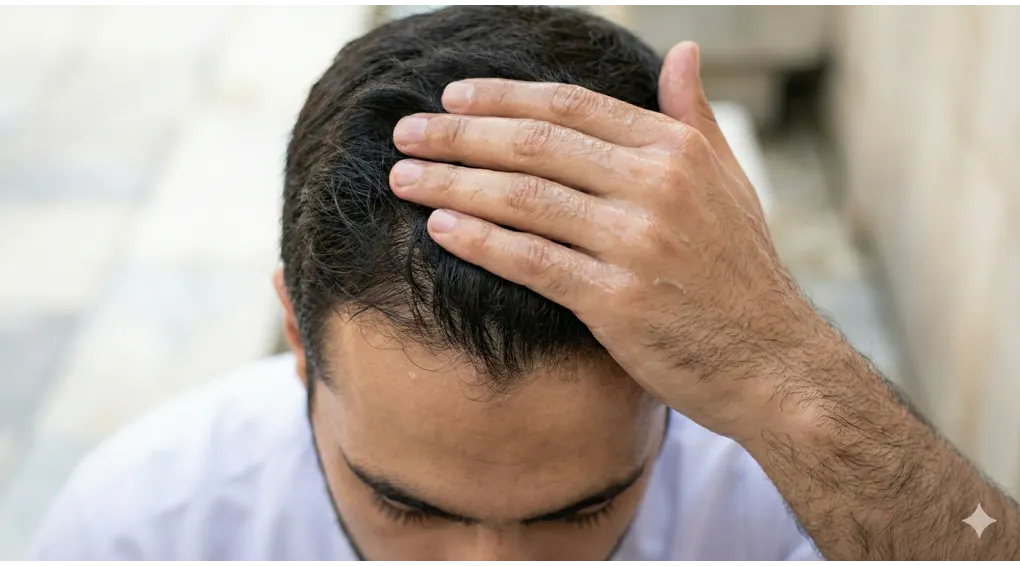 Farḍ al-Wuḍūʾ: The 6 Essential Pillars for Valid Worship We Must Understand 5 A wet hand gently wiping the front part of a man's hair (forelock) as the fourth pillar of wudu ablution.