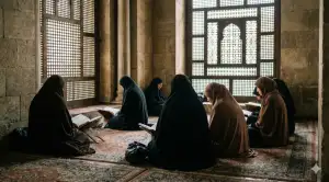 Home 9 A documentary-style photograph of Muslim women in hijabs quietly reading the Quran and praying behind wooden mashrabiya screens in the dedicated women's section of a historic mosque.